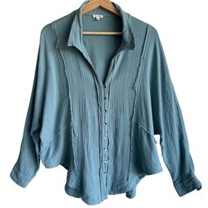 En Creme Teal Gauzy Boho Oversized Raw Edge Button Up Cotton Shirt Size M